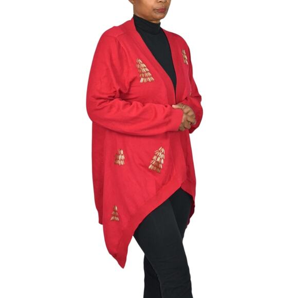 Michael Simon Cardigan Sweater Red Duster Beaded Christmas Asymmetric Plus 1X - Picture 3 of 15